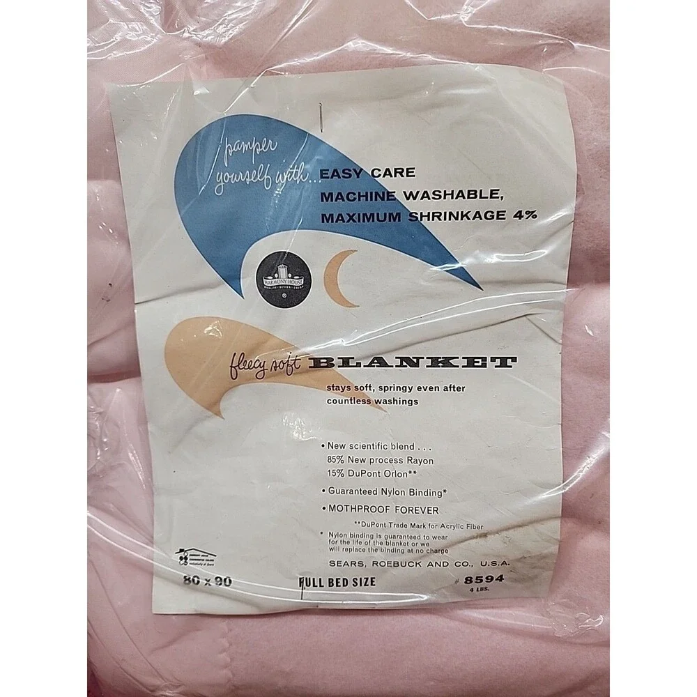 VTG Harmony House For Sears Pink Fleecy Soft Blanket 80 X 90 New W Tags 1960s